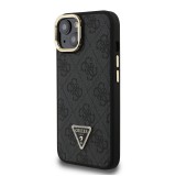Guess PU 4G Strass Triangle Logo Stand Camera Frame MagSafe Zadní Kryt pro iPhone 15 Black