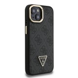Guess PU 4G Strass Triangle Logo Stand Camera Frame MagSafe Zadní Kryt pro iPhone 15 Black