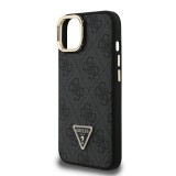 Guess PU 4G Strass Triangle Logo Stand Camera Frame MagSafe Zadní Kryt pro iPhone 15 Black
