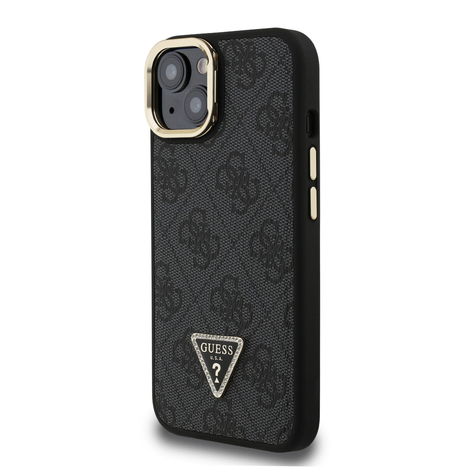 Guess PU 4G Strass Triangle Logo Stand Camera Frame MagSafe Zadní Kryt pro iPhone 15 Black
