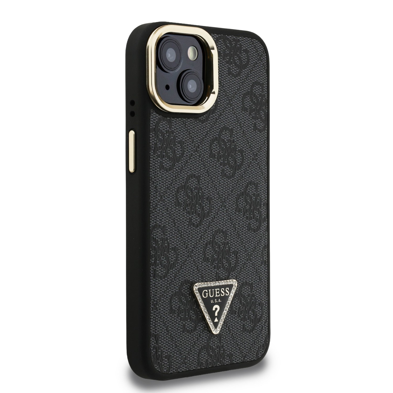 Guess PU 4G Strass Triangle Logo Stand Camera Frame MagSafe Zadní Kryt pro iPhone 15 Black
