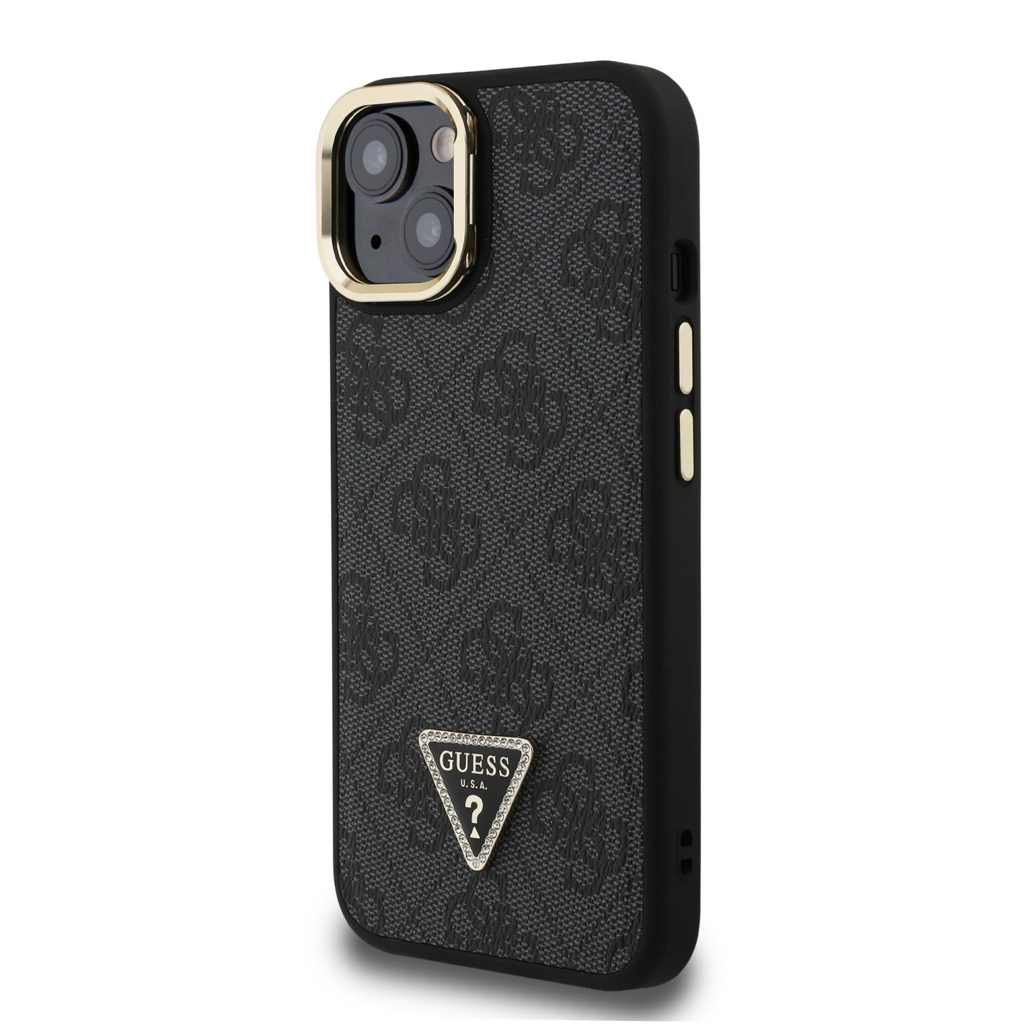 Guess PU 4G Strass Triangle Logo Stand Camera Frame MagSafe Zadní Kryt pro iPhone 13 Black