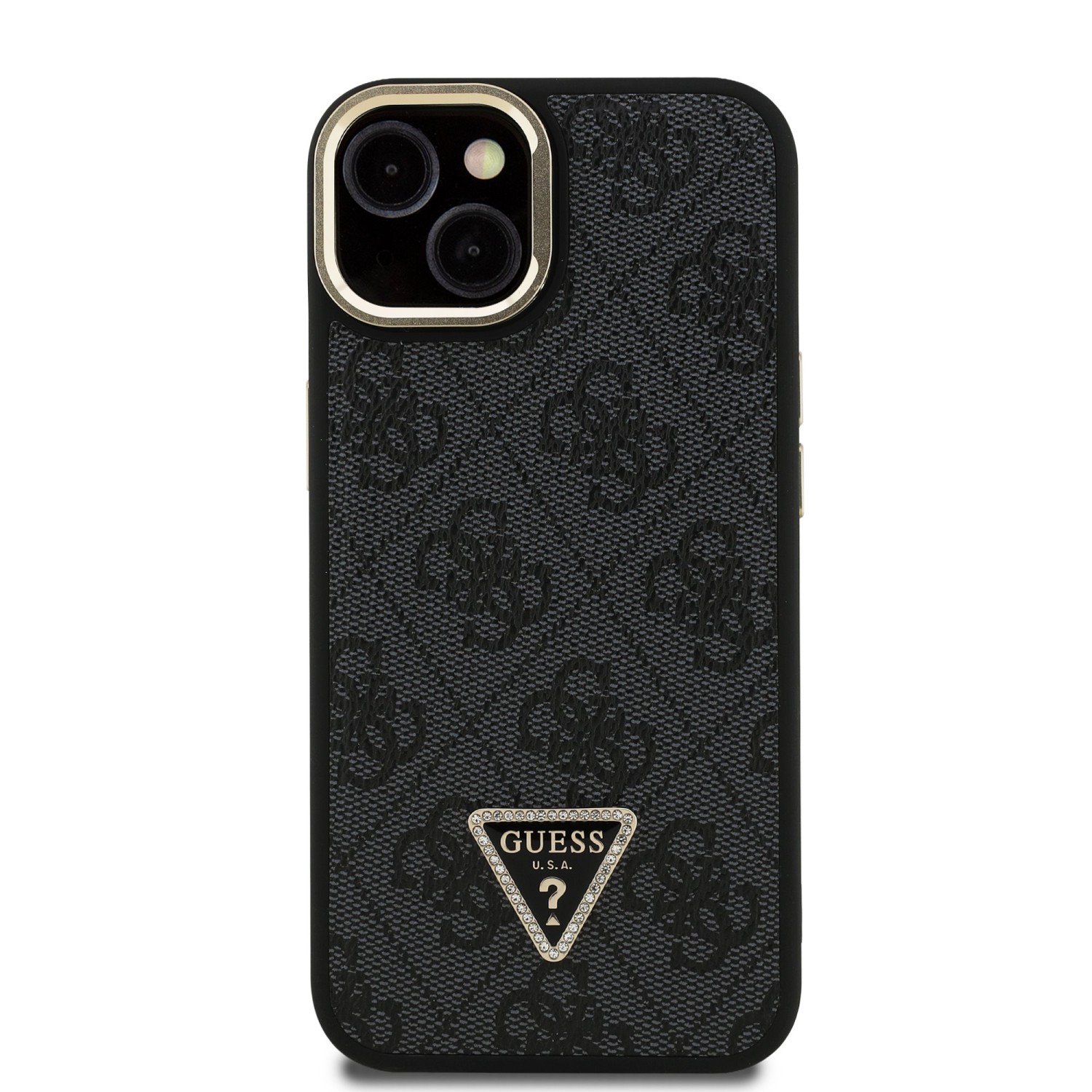 Guess PU 4G Strass Triangle Logo Stand Camera Frame MagSafe Zadní Kryt pro iPhone 13 Black