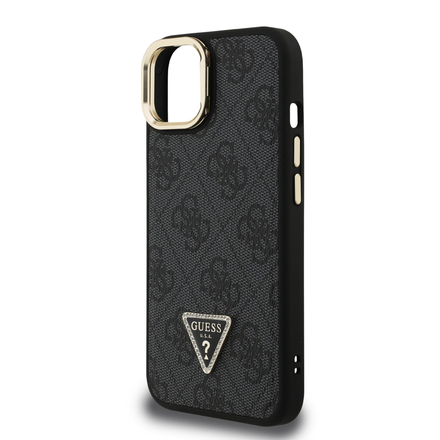 Guess PU 4G Strass Triangle Logo Stand Camera Frame MagSafe Zadní Kryt pro iPhone 13 Black