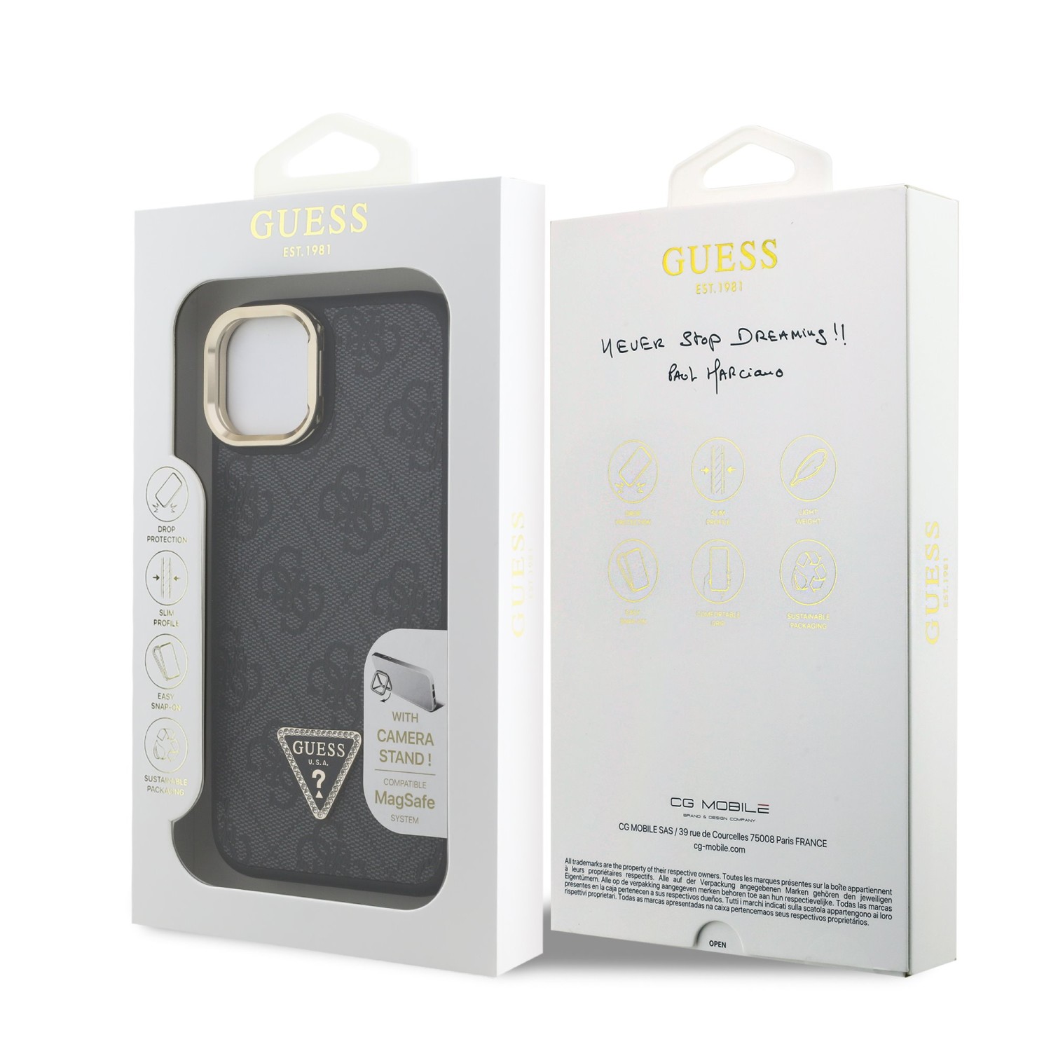 Guess PU 4G Strass Triangle Logo Stand Camera Frame MagSafe Zadní Kryt pro iPhone 13 Black