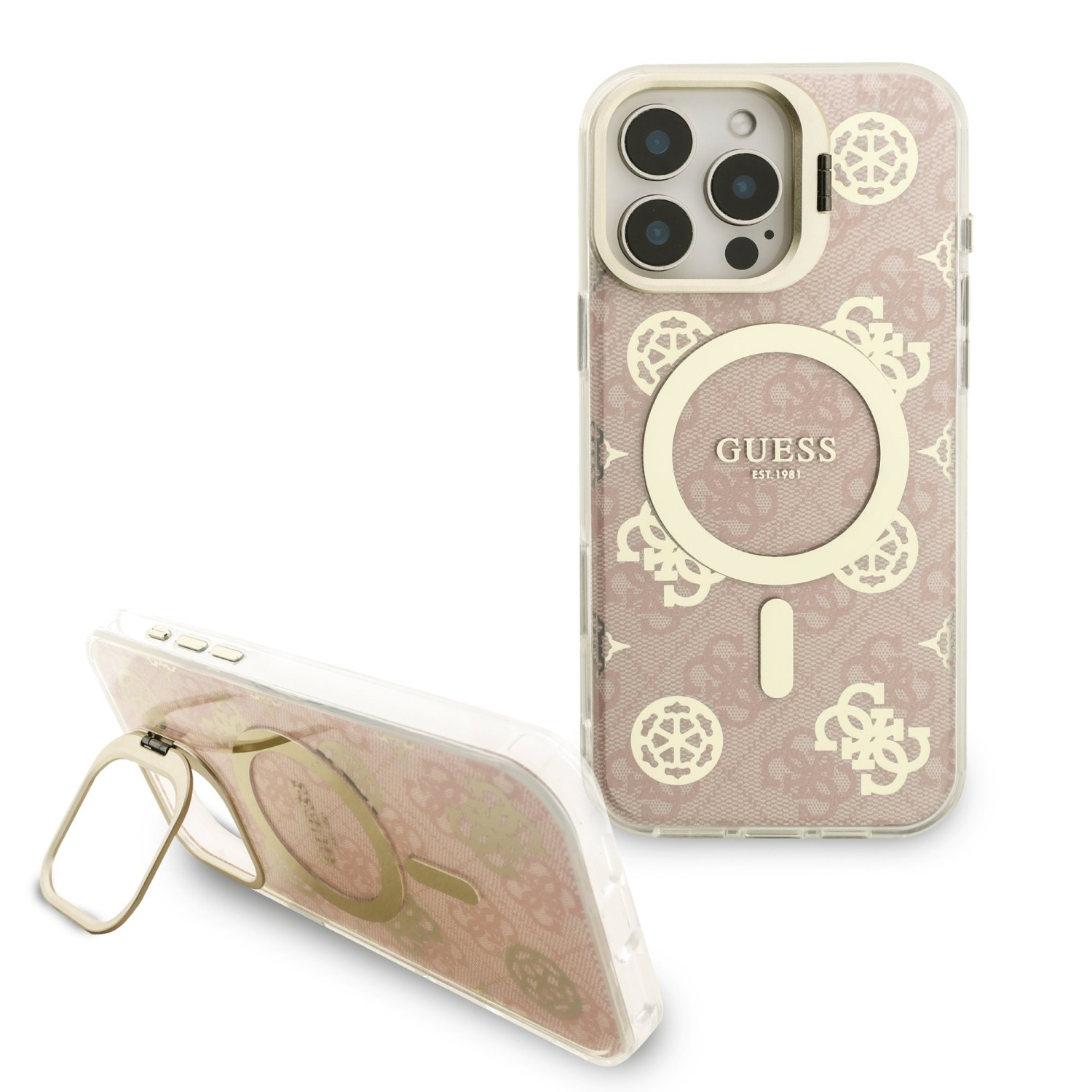 Guess PC/TPU Electroplated Stand Camera Frame MagSafe Zadní Kryt s Vyměnitelným Pozadím pro iPhone 16 Pro Max