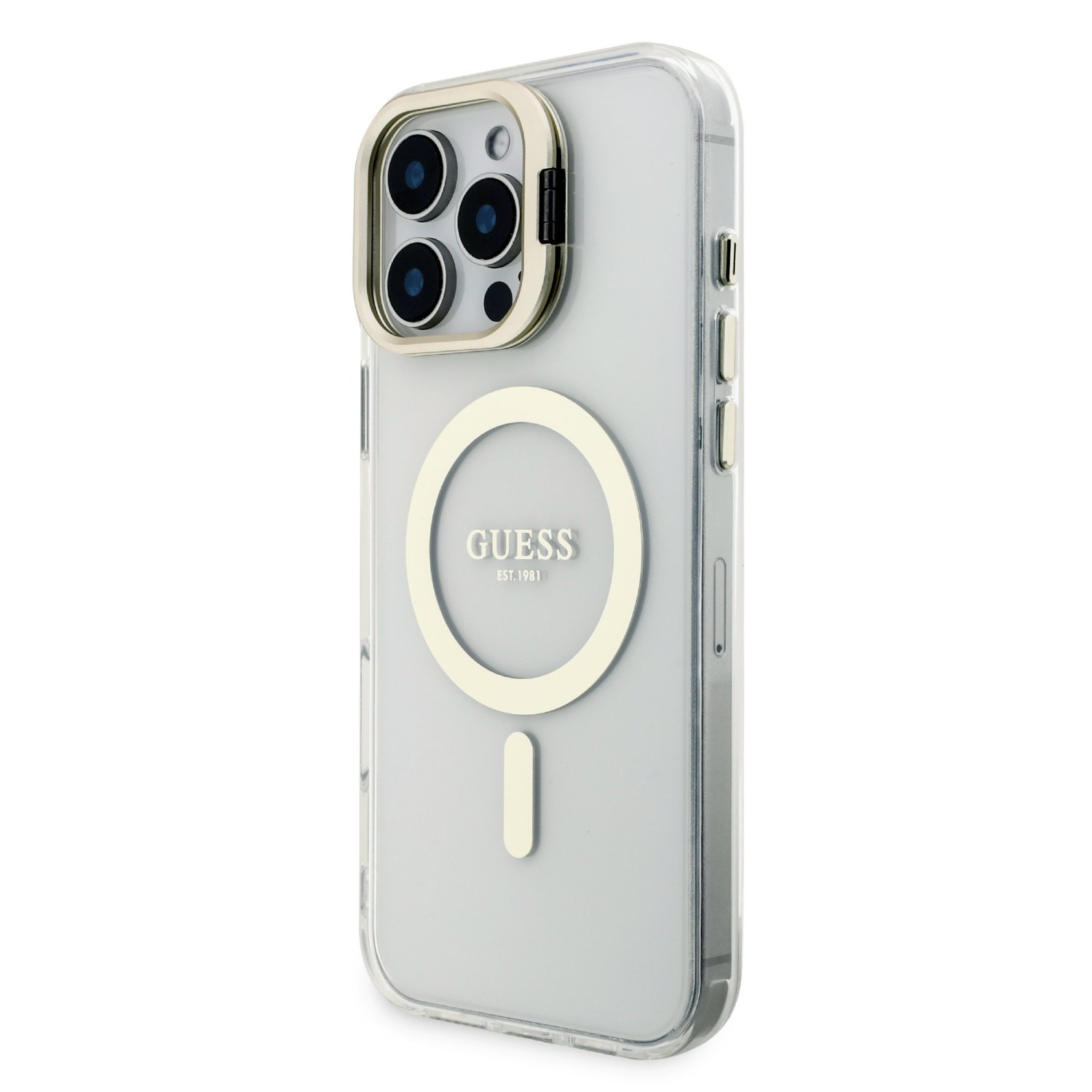 Guess PC/TPU Electroplated Stand Camera Frame MagSafe Zadní Kryt s Vyměnitelným Pozadím pro iPhone 16 Pro Max