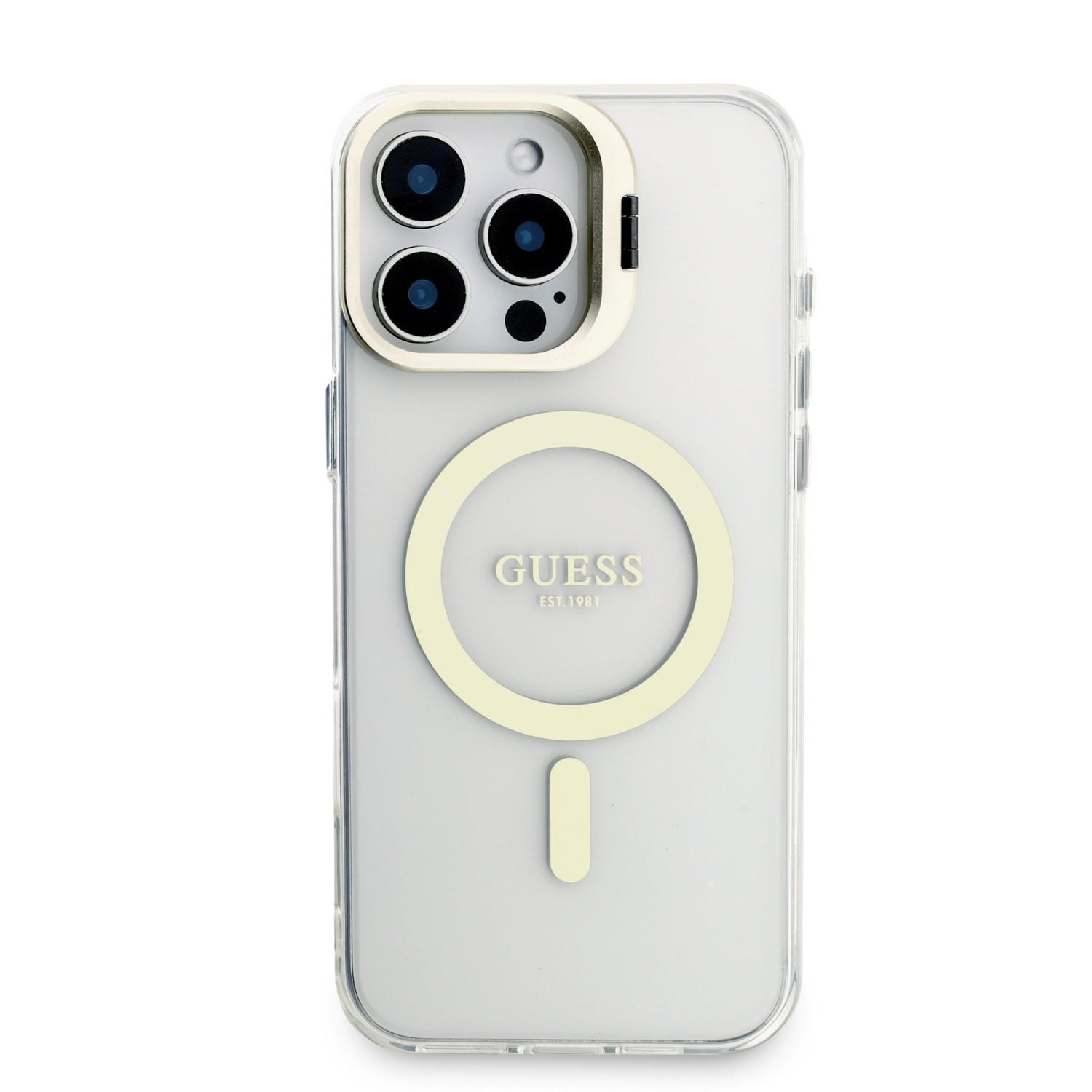 Guess PC/TPU Electroplated Stand Camera Frame MagSafe Zadní Kryt s Vyměnitelným Pozadím pro iPhone 16 Pro Max