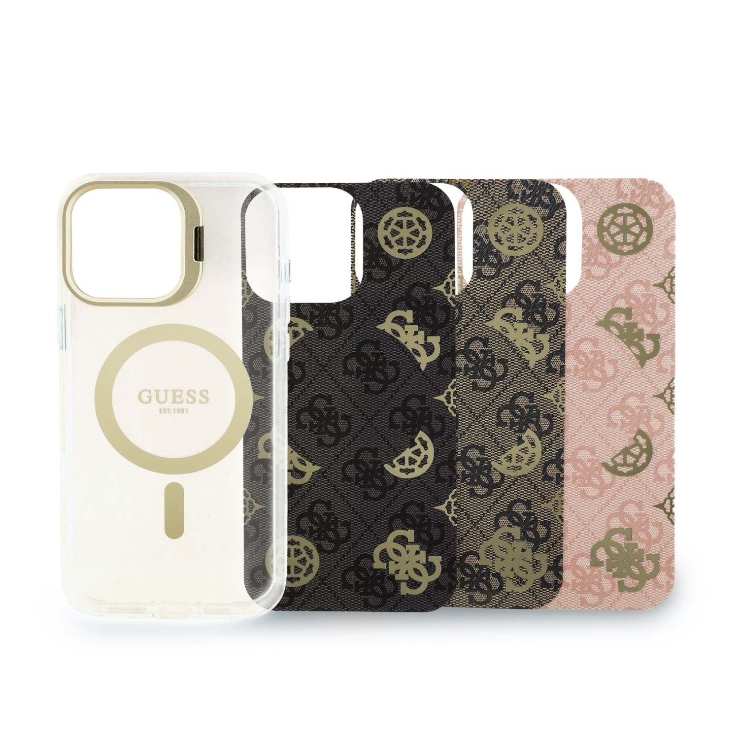 Guess PC/TPU Electroplated Stand Camera Frame MagSafe Zadní Kryt s Vyměnitelným Pozadím pro iPhone 16 Pro Max
