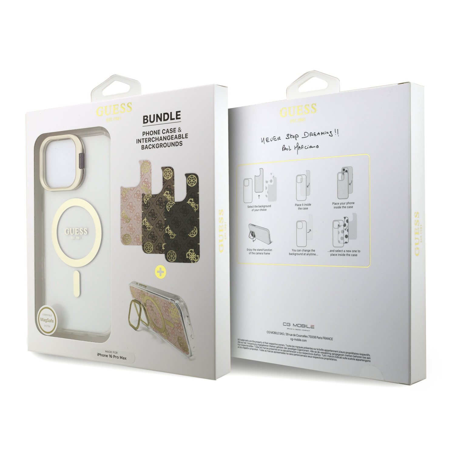 Guess PC/TPU Electroplated Stand Camera Frame MagSafe Zadní Kryt s Vyměnitelným Pozadím pro iPhone 16 Pro Max