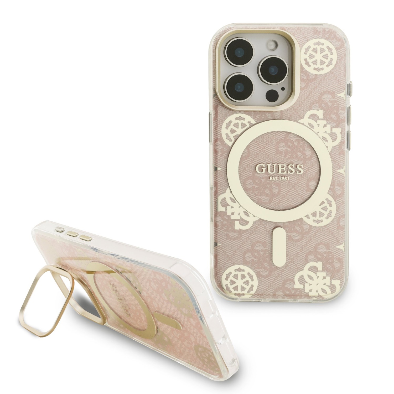 Guess PC/TPU Electroplated Stand Camera Frame MagSafe Zadní Kryt s Vyměnitelným Pozadím pro iPhone 16 Pro