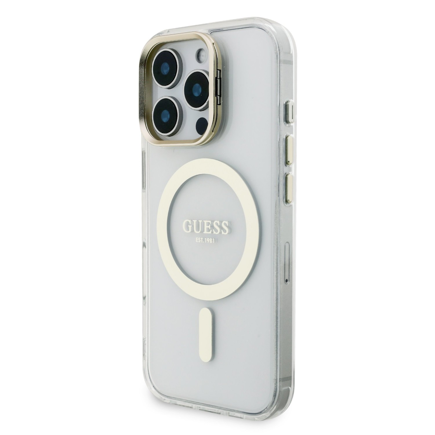 Guess PC/TPU Electroplated Stand Camera Frame MagSafe Zadní Kryt s Vyměnitelným Pozadím pro iPhone 16 Pro