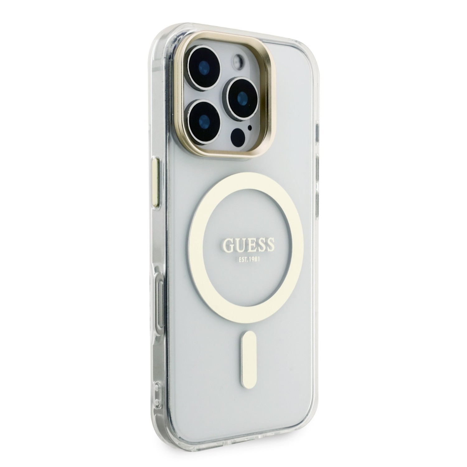 Guess PC/TPU Electroplated Stand Camera Frame MagSafe Zadní Kryt s Vyměnitelným Pozadím pro iPhone 16 Pro