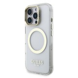 Guess IML Gold Outline Stand Camera Frame MagSafe Zadní Kryt pro iPhone 16 Pro Max Transparent