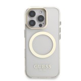 Guess IML Gold Outline Stand Camera Frame MagSafe Zadní Kryt pro iPhone 16 Pro Max Transparent