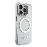 Guess IML Gold Outline Stand Camera Frame MagSafe Zadní Kryt pro iPhone 16 Pro Max Transparent