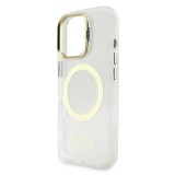 Guess IML Gold Outline Stand Camera Frame MagSafe Zadní Kryt pro iPhone 16 Pro Max Transparent