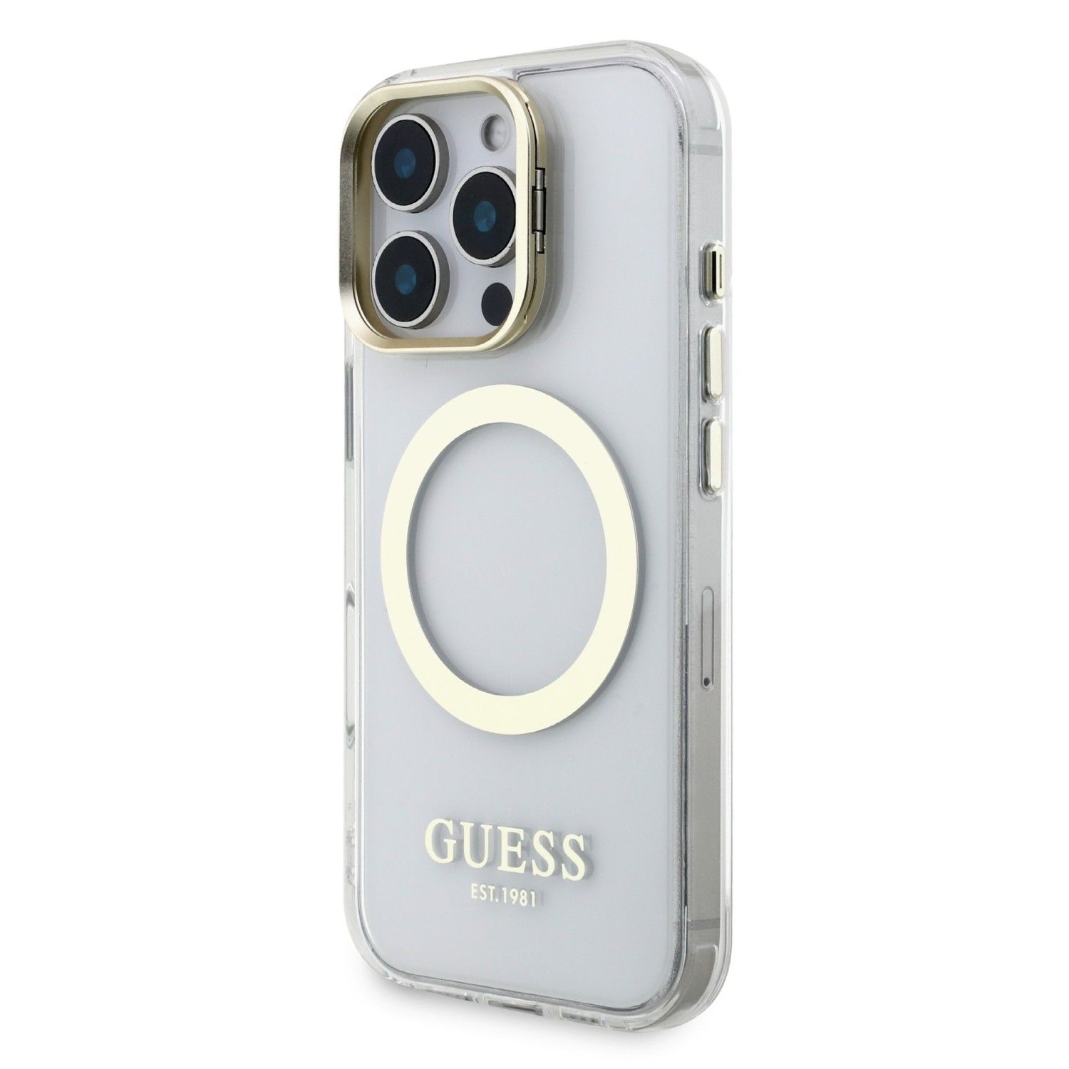 Guess IML Gold Outline Stand Camera Frame MagSafe Zadní Kryt pro iPhone 16 Pro Max Transparent
