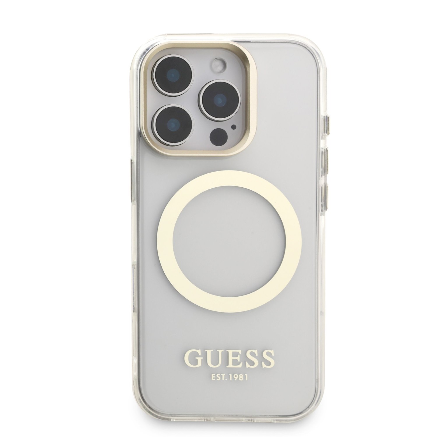 Guess IML Gold Outline Stand Camera Frame MagSafe Zadní Kryt pro iPhone 16 Pro Max Transparent
