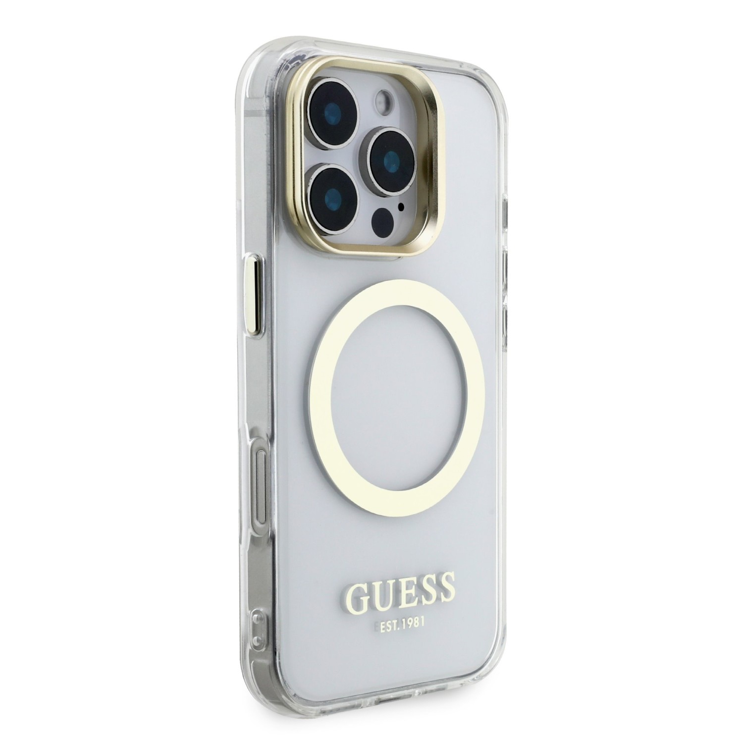 Guess IML Gold Outline Stand Camera Frame MagSafe Zadní Kryt pro iPhone 16 Pro Max Transparent