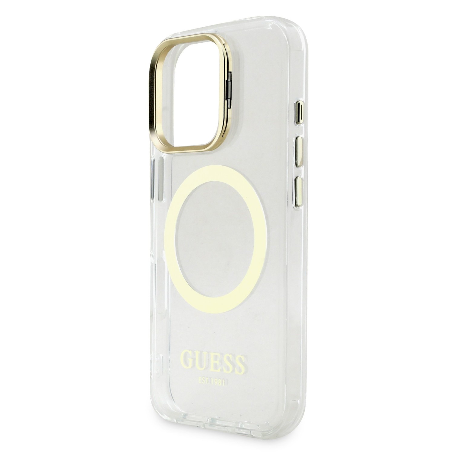 Guess IML Gold Outline Stand Camera Frame MagSafe Zadní Kryt pro iPhone 16 Pro Max Transparent