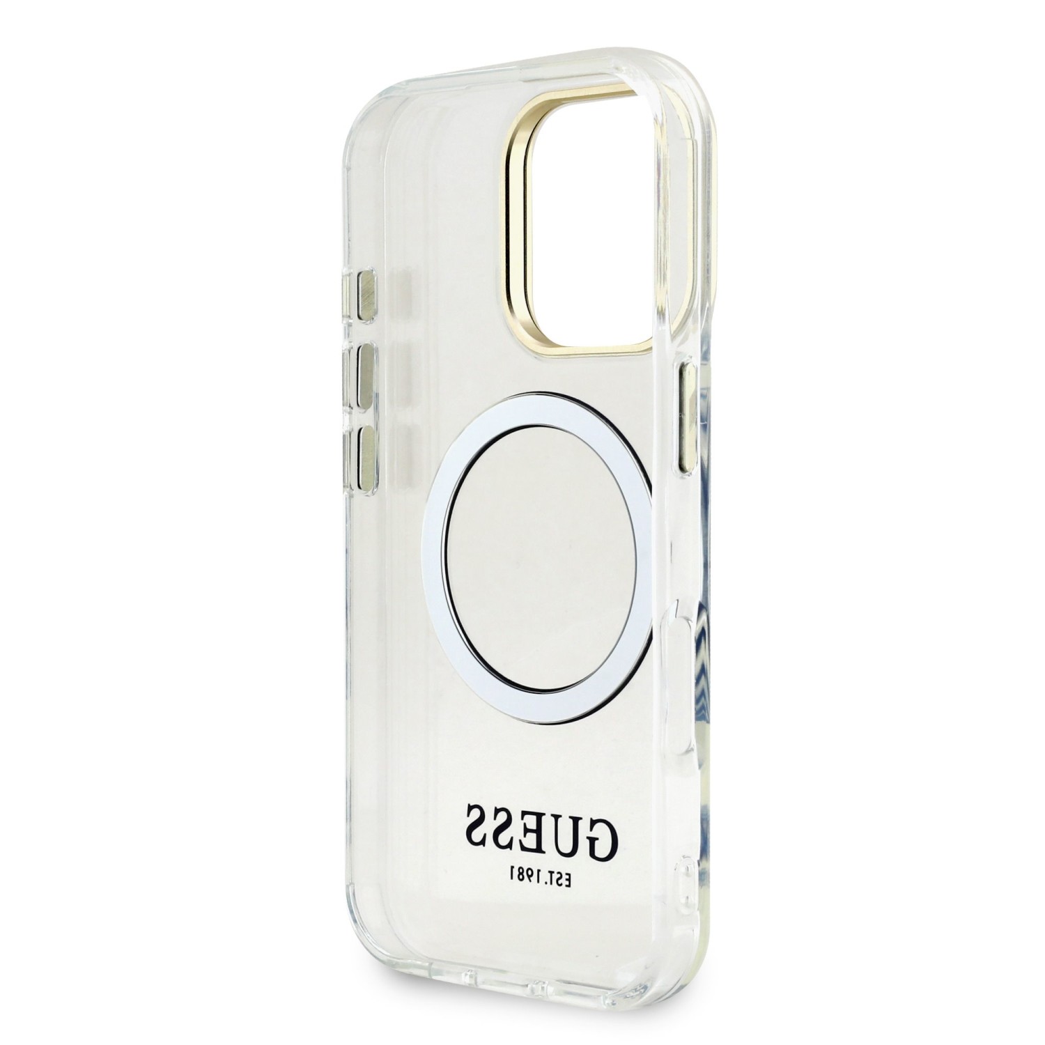 Guess IML Gold Outline Stand Camera Frame MagSafe Zadní Kryt pro iPhone 16 Pro Max Transparent
