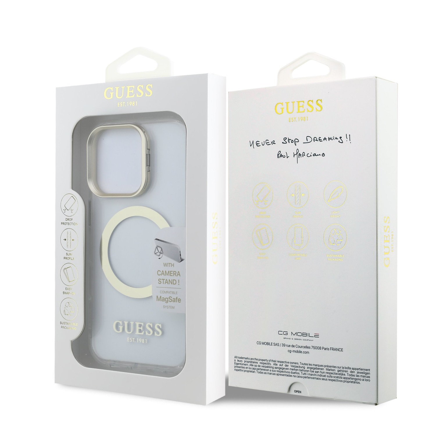 Guess IML Gold Outline Stand Camera Frame MagSafe Zadní Kryt pro iPhone 16 Pro Max Transparent