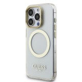 Guess IML Gold Outline Stand Camera Frame MagSafe Zadní Kryt pro iPhone 15 Pro Max Transparent