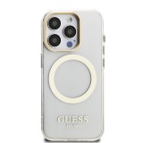 Guess IML Gold Outline Stand Camera Frame MagSafe Zadní Kryt pro iPhone 15 Pro Max Transparent