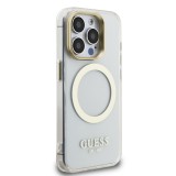 Guess IML Gold Outline Stand Camera Frame MagSafe Zadní Kryt pro iPhone 15 Pro Max Transparent