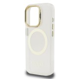 Guess IML Gold Outline Stand Camera Frame MagSafe Zadní Kryt pro iPhone 15 Pro Max Transparent