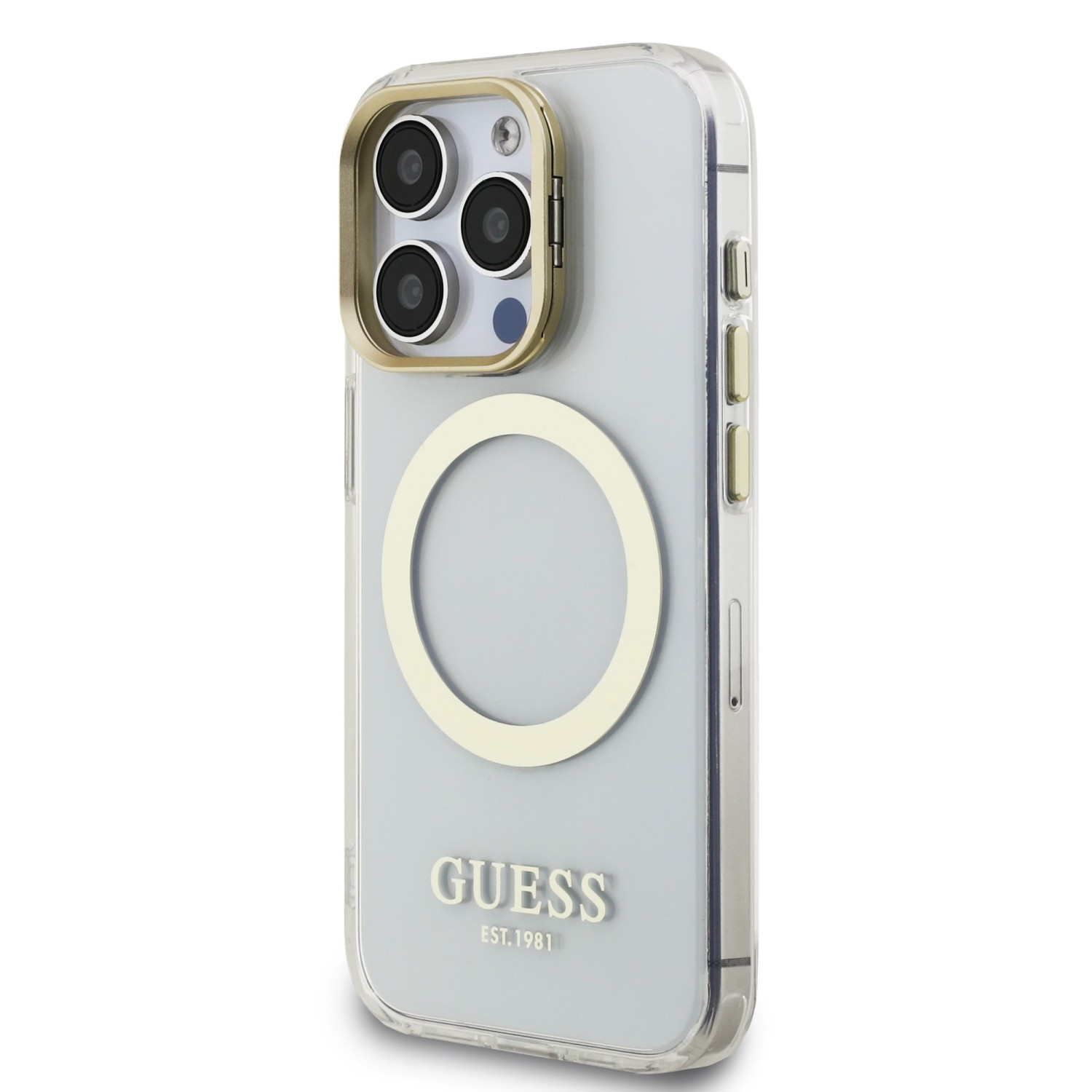 Guess IML Gold Outline Stand Camera Frame MagSafe Zadní Kryt pro iPhone 15 Pro Max Transparent