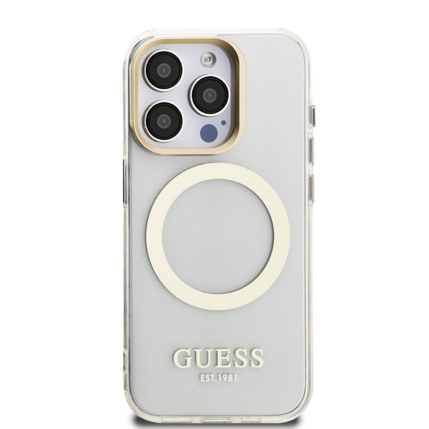Guess IML Gold Outline Stand Camera Frame MagSafe Zadní Kryt pro iPhone 15 Pro Max Transparent