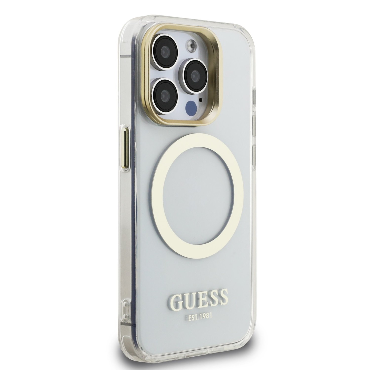 Guess IML Gold Outline Stand Camera Frame MagSafe Zadní Kryt pro iPhone 15 Pro Max Transparent