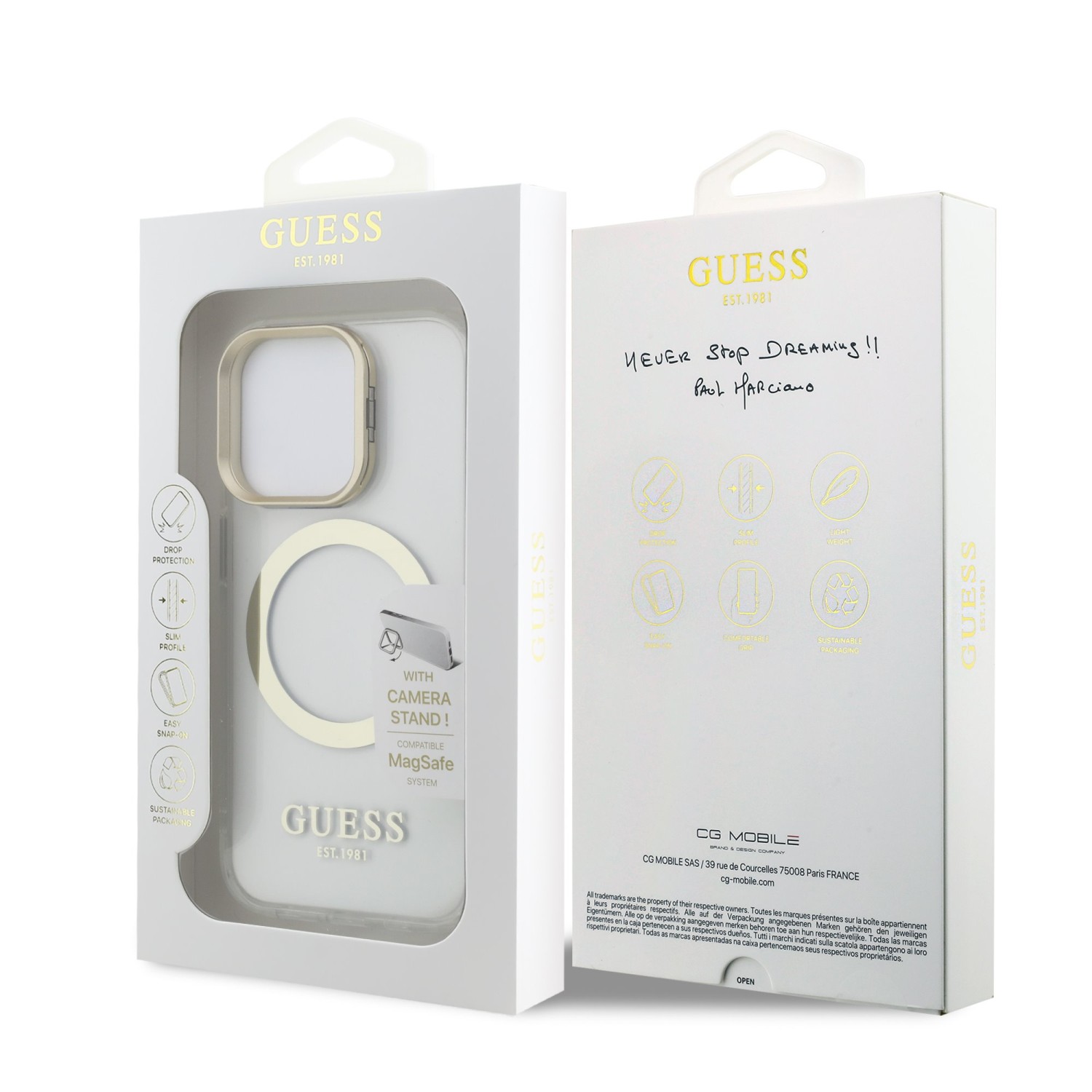 Guess IML Gold Outline Stand Camera Frame MagSafe Zadní Kryt pro iPhone 15 Pro Max Transparent