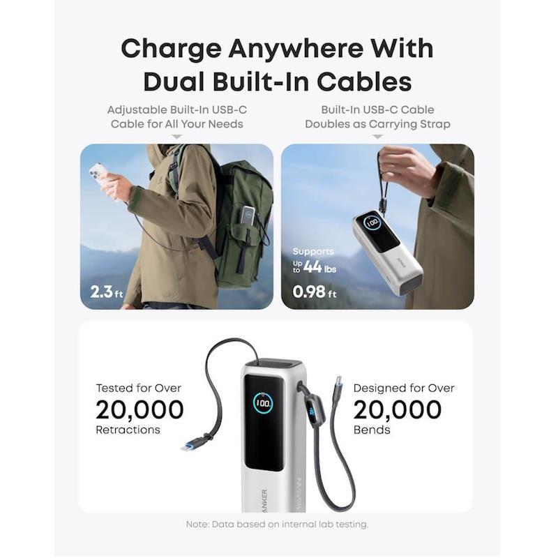 Anker 25000mAh, 165W Powerbanka s kabelem USB-C stříbrná