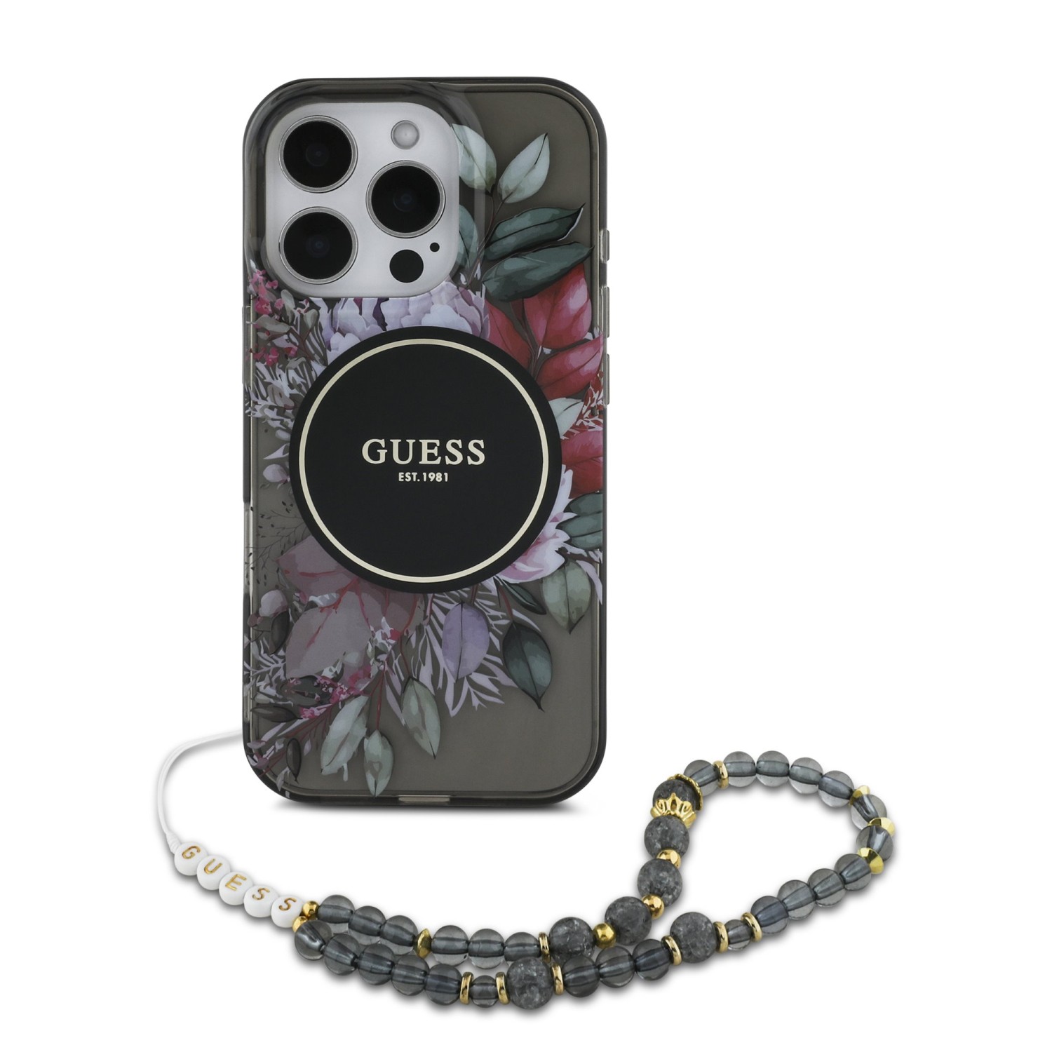 Guess IML Flowers Strap MagSafe Zadní Kryt pro iPhone 16 Pro Max Black