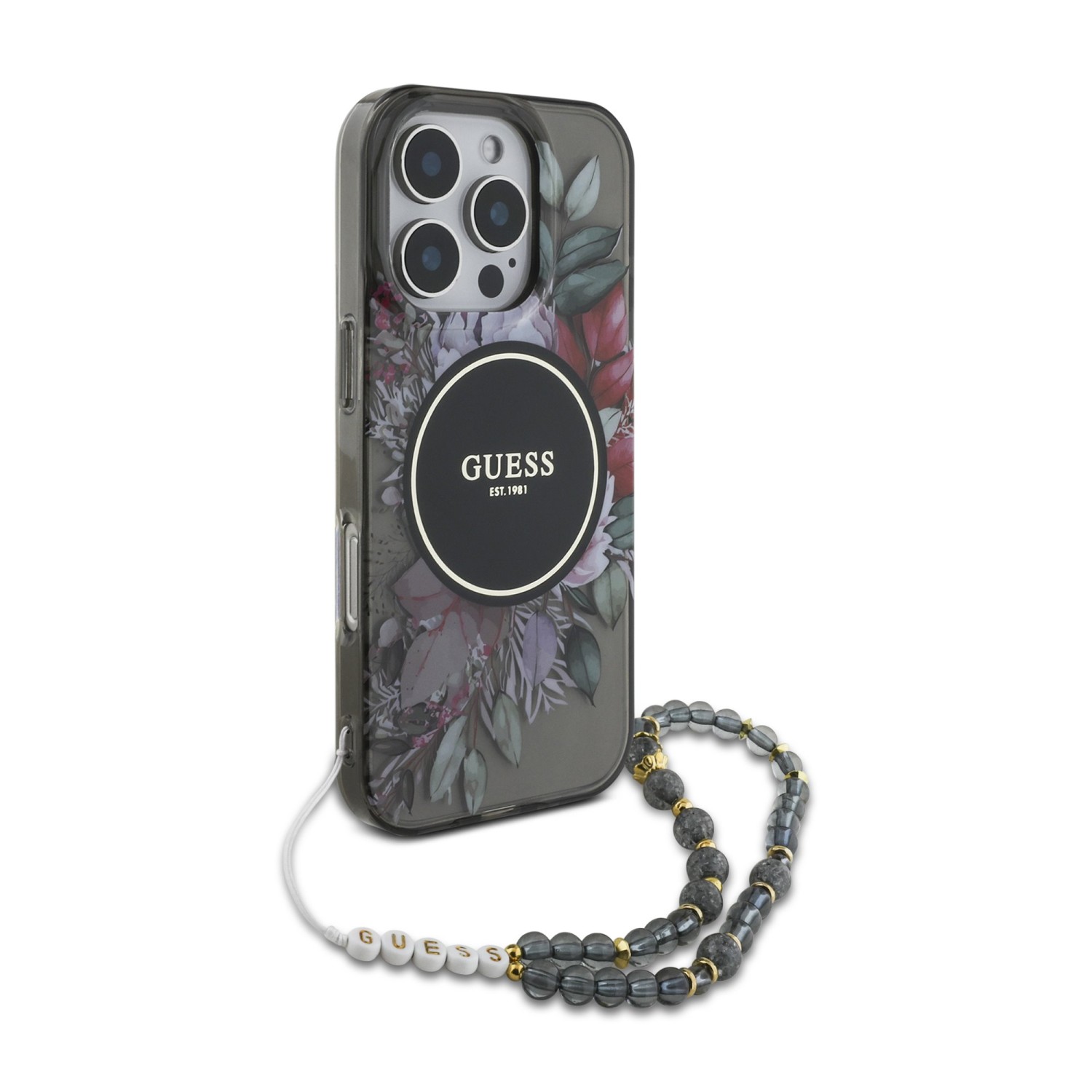 Guess IML Flowers Strap MagSafe Zadní Kryt pro iPhone 16 Pro Max Black