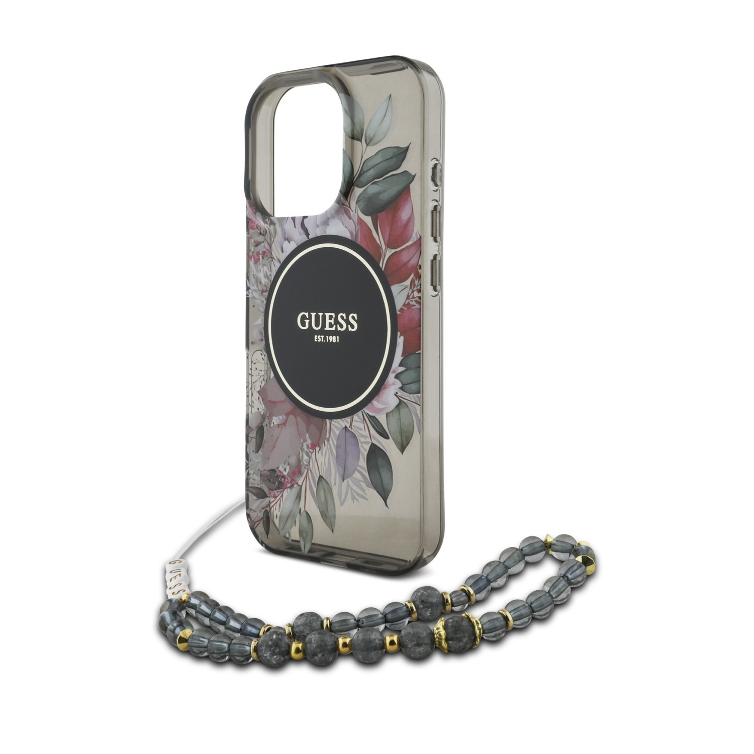 Guess IML Flowers Strap MagSafe Zadní Kryt pro iPhone 16 Pro Max Black