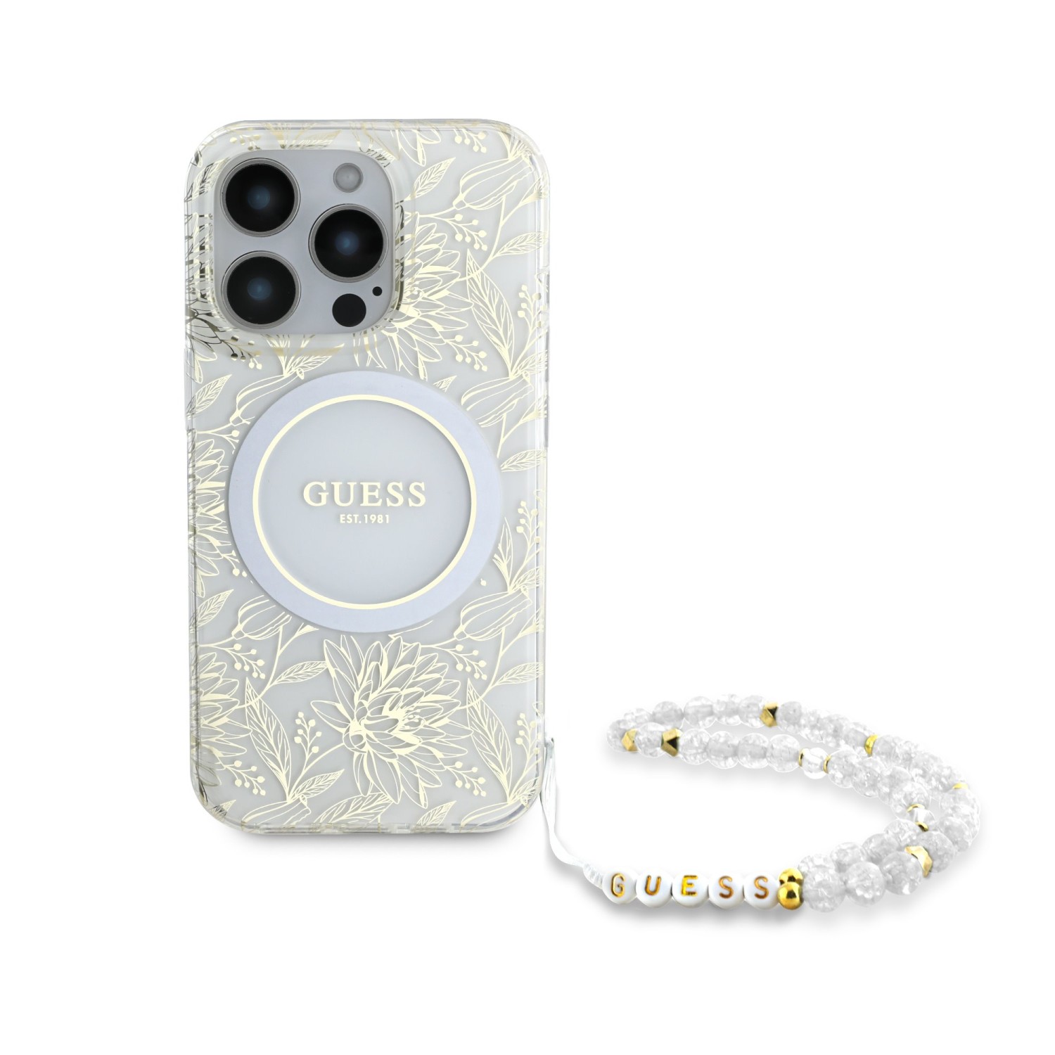 Guess IML Flowers Allover Strap MagSafe Zadní Kryt pro iPhone 16 Pro Max White