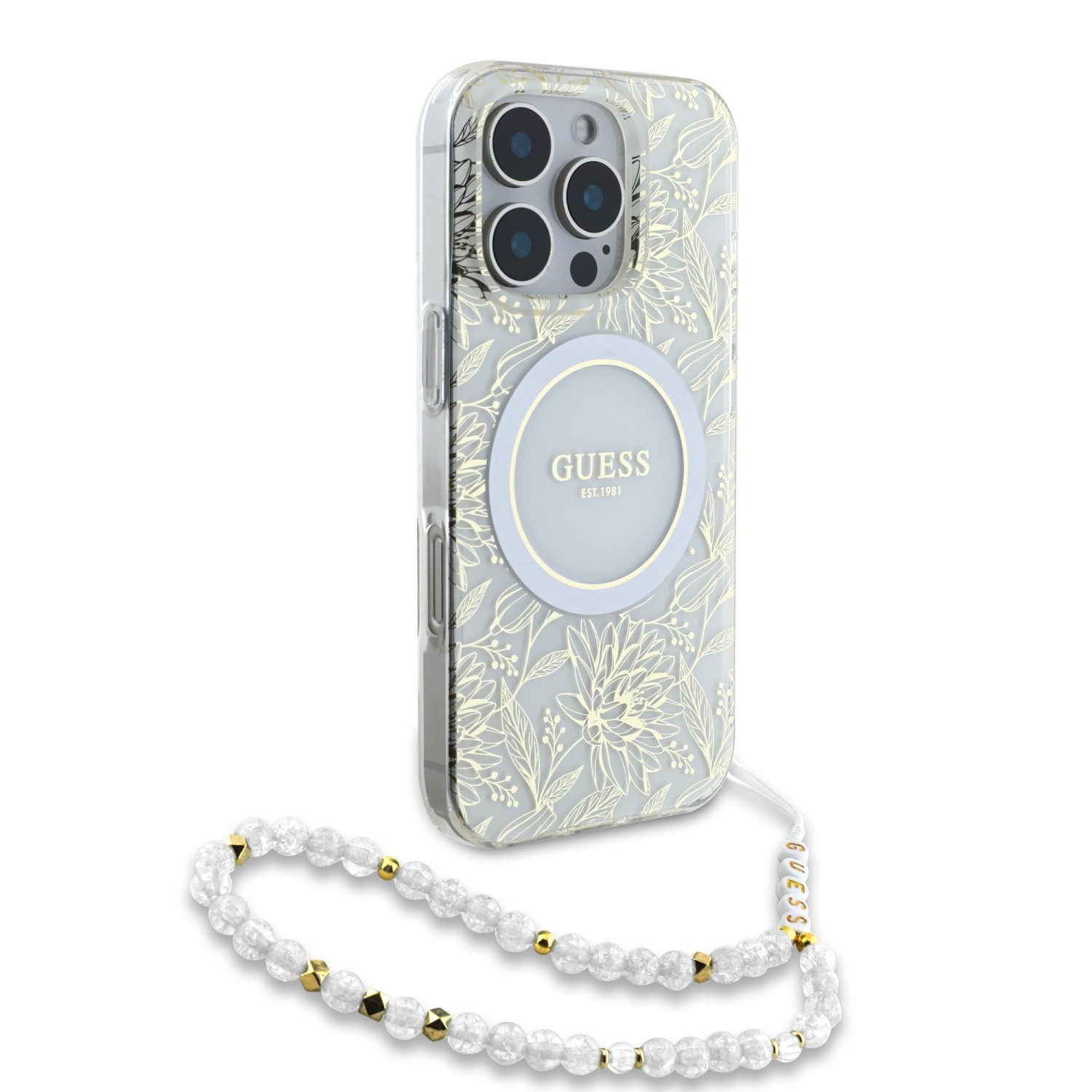 Guess IML Flowers Allover Strap MagSafe Zadní Kryt pro iPhone 16 Pro Max White