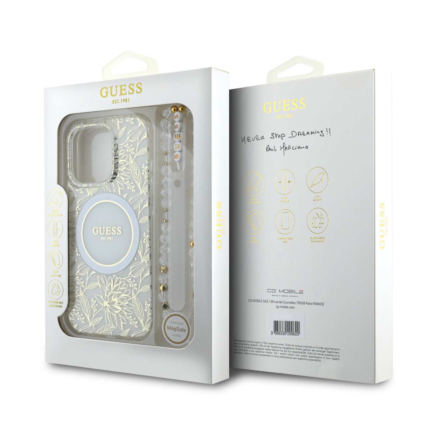Guess IML Flowers Allover Strap MagSafe Zadní Kryt pro iPhone 16 Pro Max White