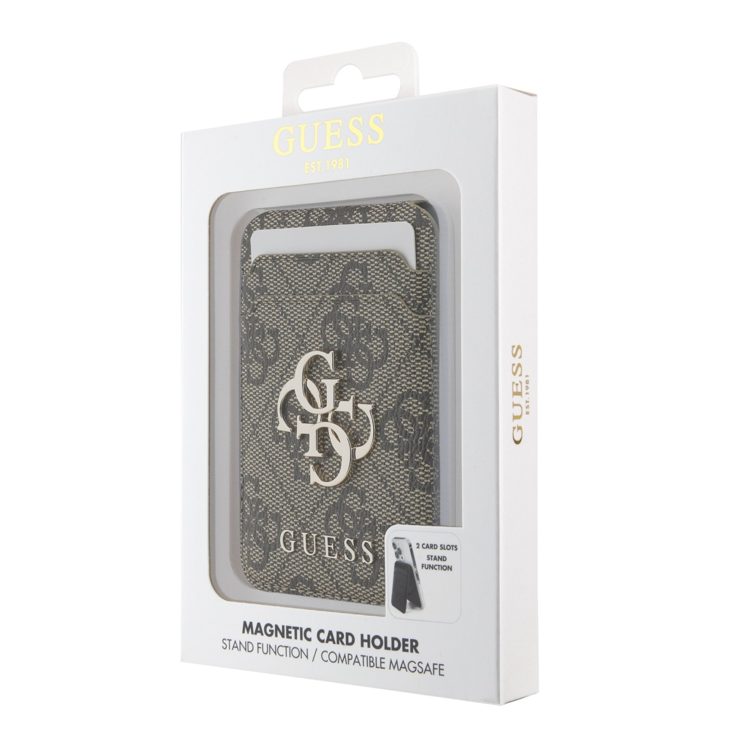 Guess 4G Metal Logo MagSafe Cardslot Peněženka se Stojanem Brown