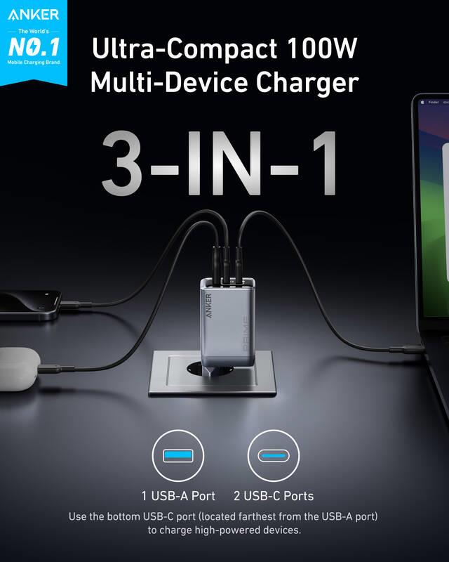Anker Prime 100W, 2xUSB-C, 1xUSB Nabíječka do sítě stříbrná
