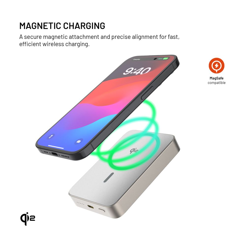 Powerbanka FIXED MagZen 10 Crystal s bezdrátovým nabíjením se standardem Qi2 a podporou MagSafe, 10 000 mAh, titanová