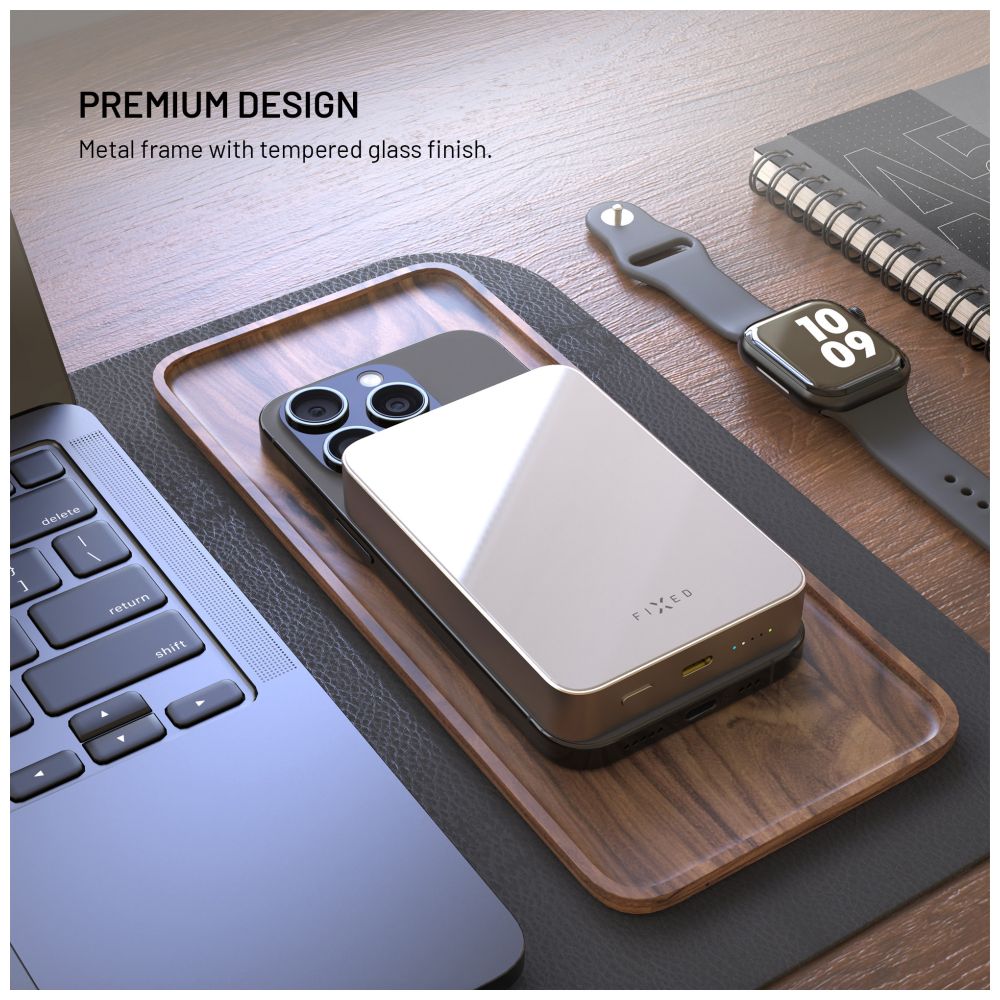 Powerbanka FIXED MagZen 10 Crystal s bezdrátovým nabíjením se standardem Qi2 a podporou MagSafe, 10 000 mAh, titanová