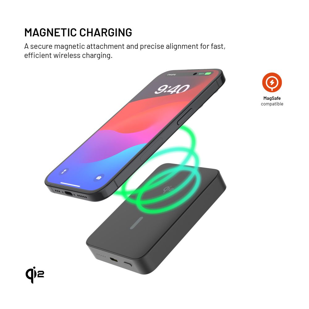 Powerbanka FIXED MagZen 10 Crystal s bezdrátovým nabíjením se standardem Qi2 a podporou MagSafe, 10 000 mAh, černá