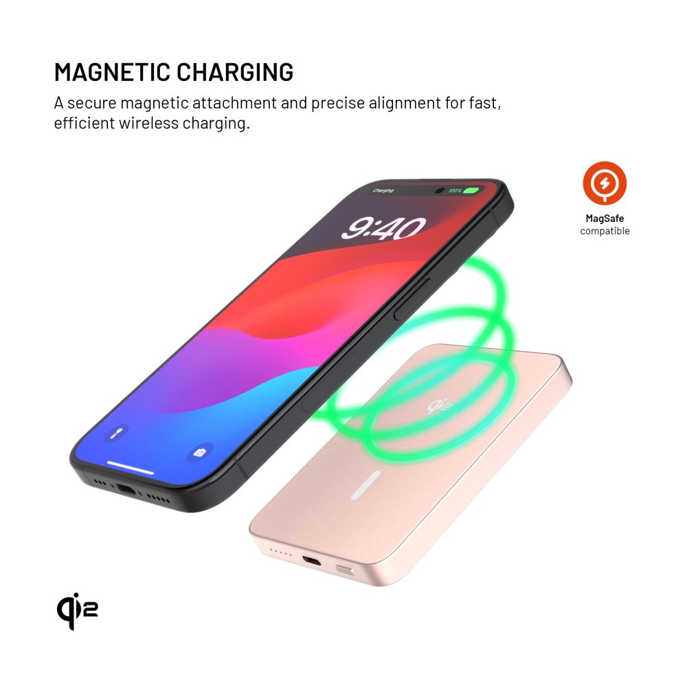 Powerbanka FIXED MagZen 5 Crystal s bezdrátovým nabíjením se standardem Qi2 a podporou MagSafe, 5 000 mAh, růžová