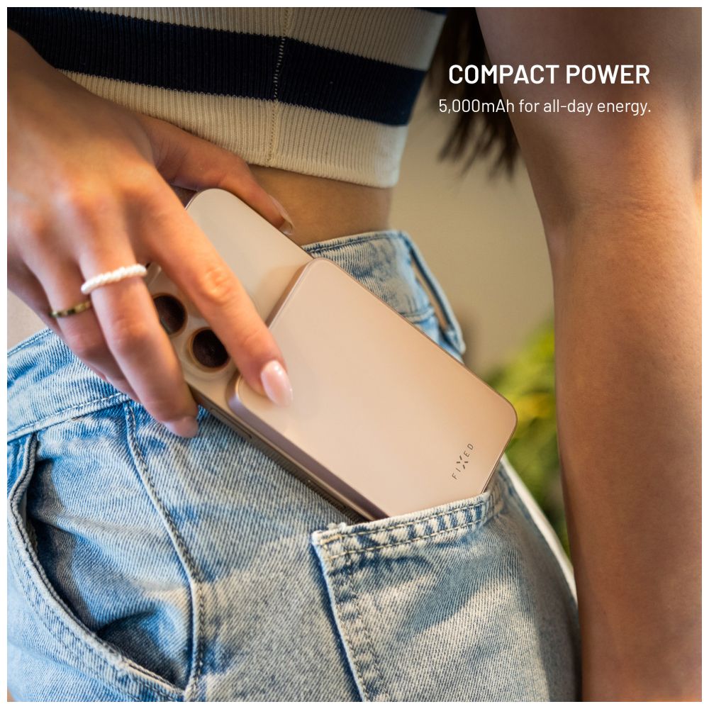 Powerbanka FIXED MagZen 5 Crystal s bezdrátovým nabíjením se standardem Qi2 a podporou MagSafe, 5 000 mAh, růžová