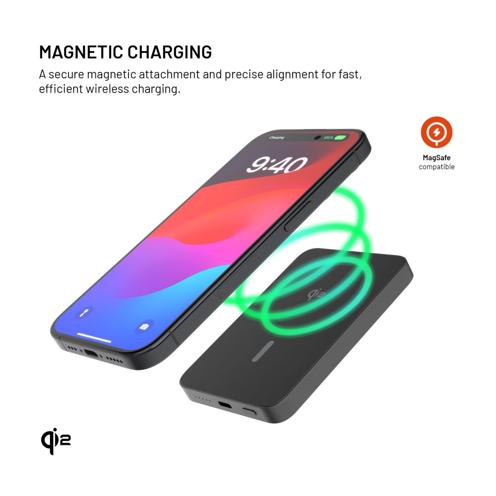 Powerbanka FIXED MagZen 5 Crystal s bezdrátovým nabíjením se standardem Qi2 a podporou MagSafe, 5 000 mAh, černá